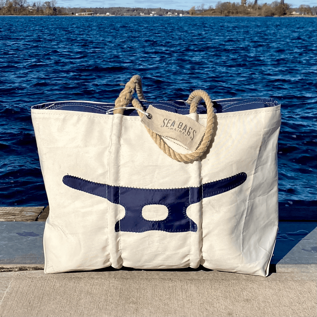 Sea Bags Recycled Sail Cloth Navy Anchor Tote Medium Navy Handles