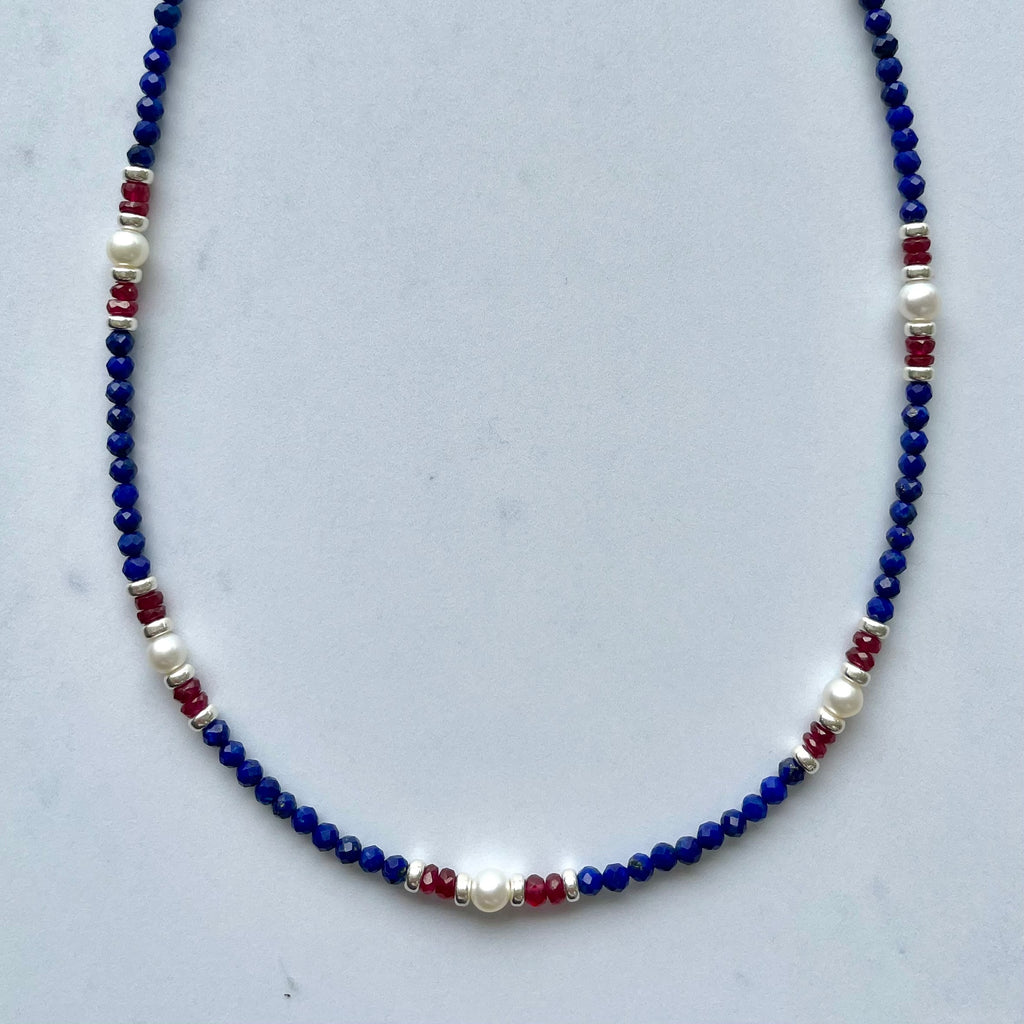 Red Blue and Silver Metallic Bead Necklaces (72/package) 24¢ Each